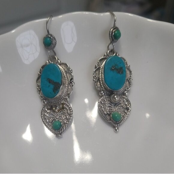Vintage Sterling Silver Turquoise Boho Western Tribal Exotic Drop Earrings - Picture 3 of 9